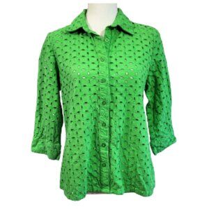 DENIM & COMPANY Green 100% Cotton Button-Down Eyelet Blouse - Woman's S